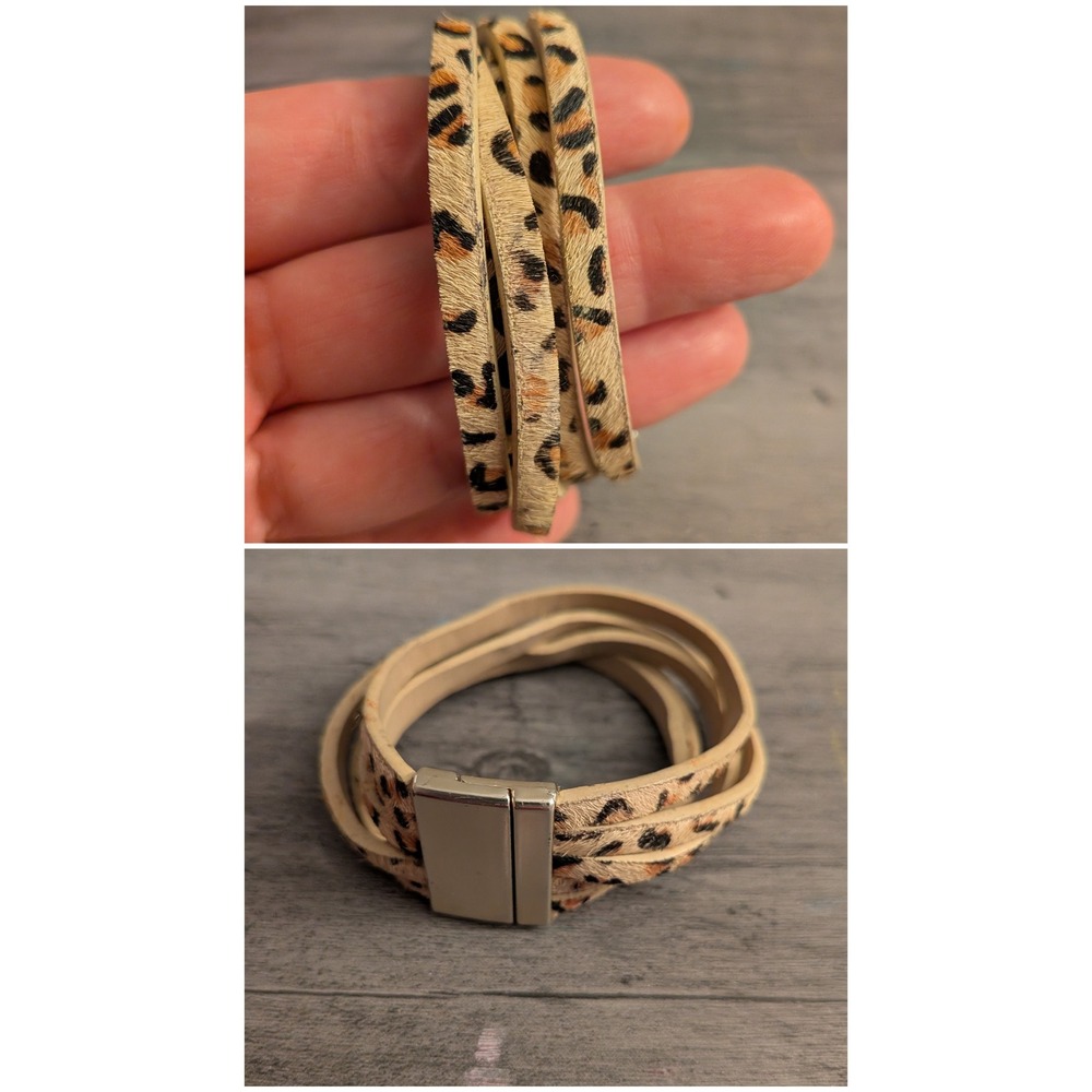 Leopard Print Calf Hair Multi Strand Wrap Bracelet Magnetic Clasp Silver Tone